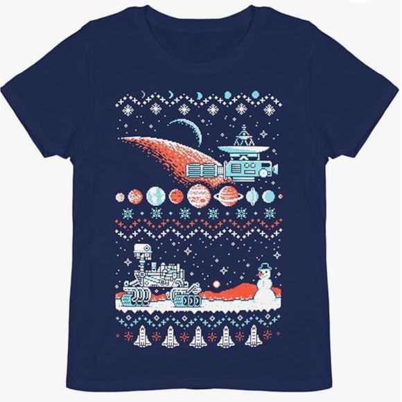 NWOT December Loot Crate Exclusive Ugly Holiday Sweater T-Shirt NASA 8 Bit Space - Picture 1 of 3